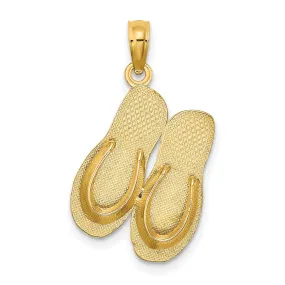 14K Yellow Gold Polished Textured Finish 3-Dimensional Large Size KEY WEST Double Flip Flop Sandles Charm Pendant