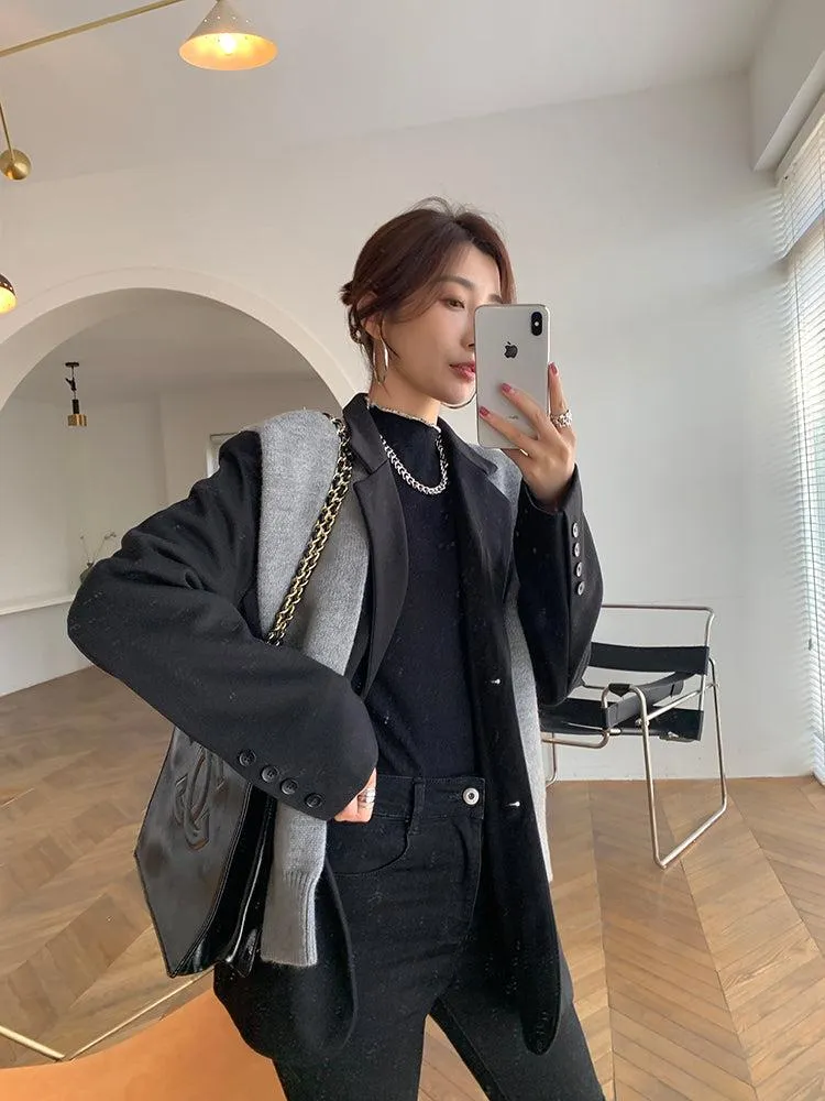 Black Blazer With Gray Knitted Shawls Coat