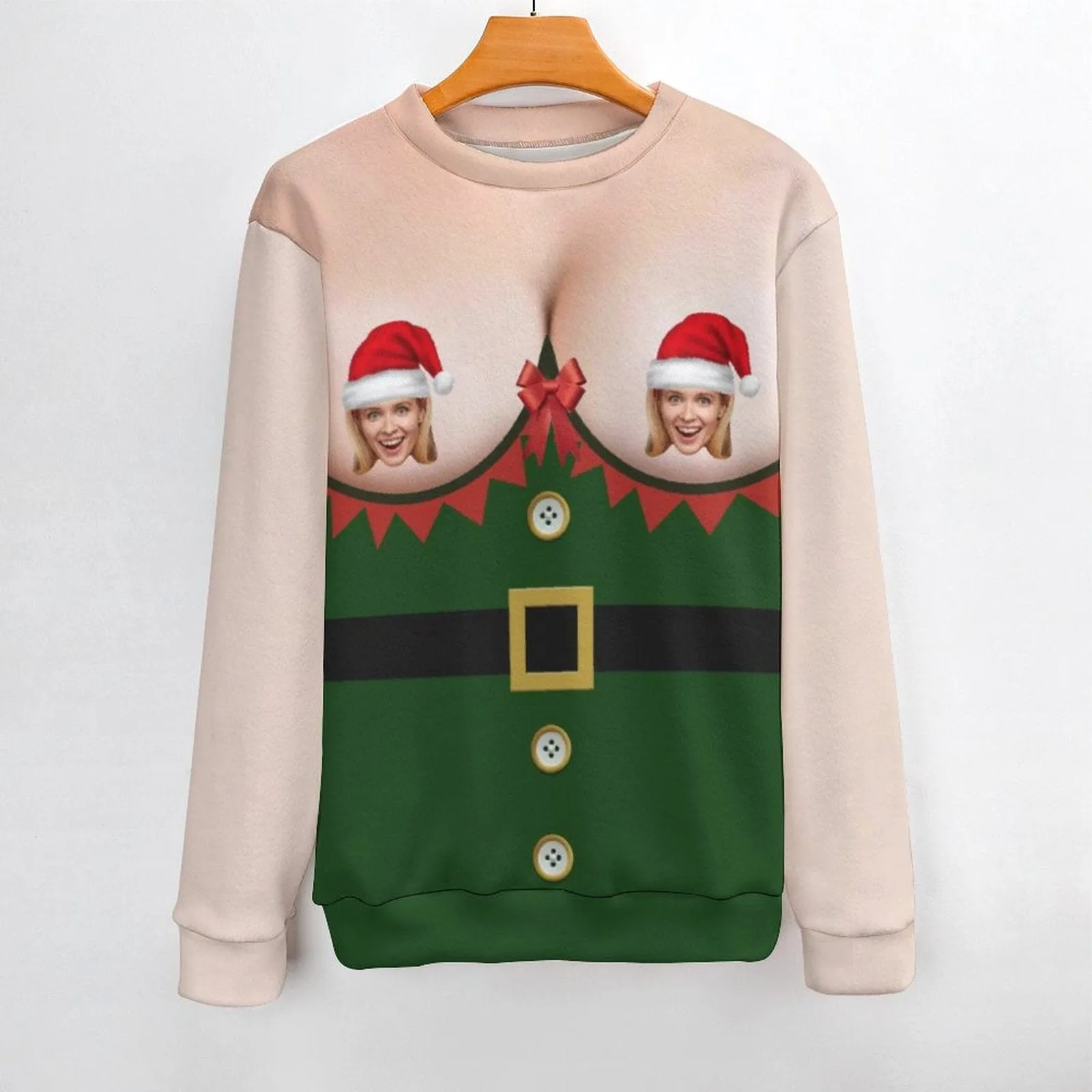 Customizable Green Round Neck Ugly Christmas Sweater with Santa Hat Design