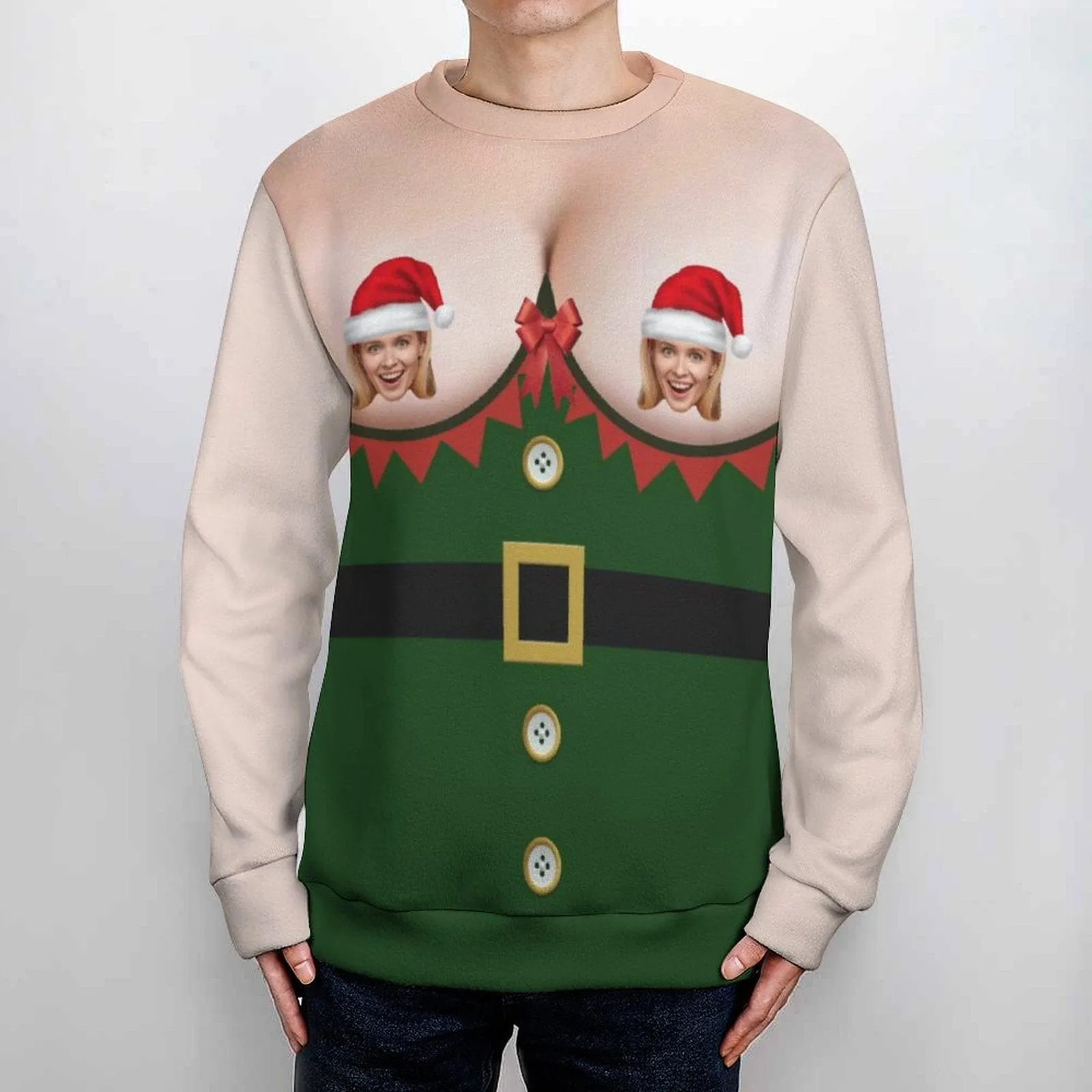 Customizable Green Round Neck Ugly Christmas Sweater with Santa Hat Design