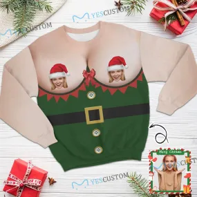 Customizable Green Round Neck Ugly Christmas Sweater with Santa Hat Design