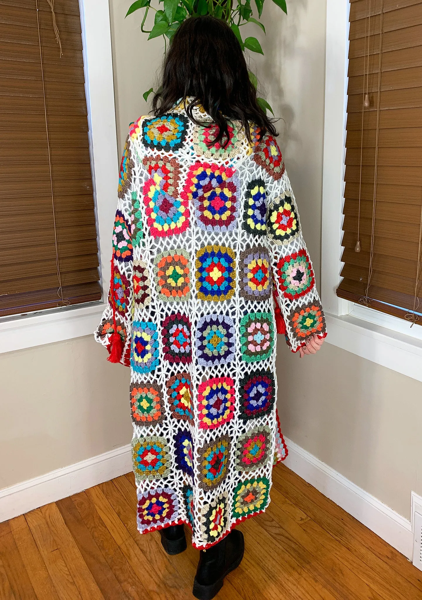 Saachi Granny Square Crocheted Long Hooded Kimono Sweater in White Multicolor