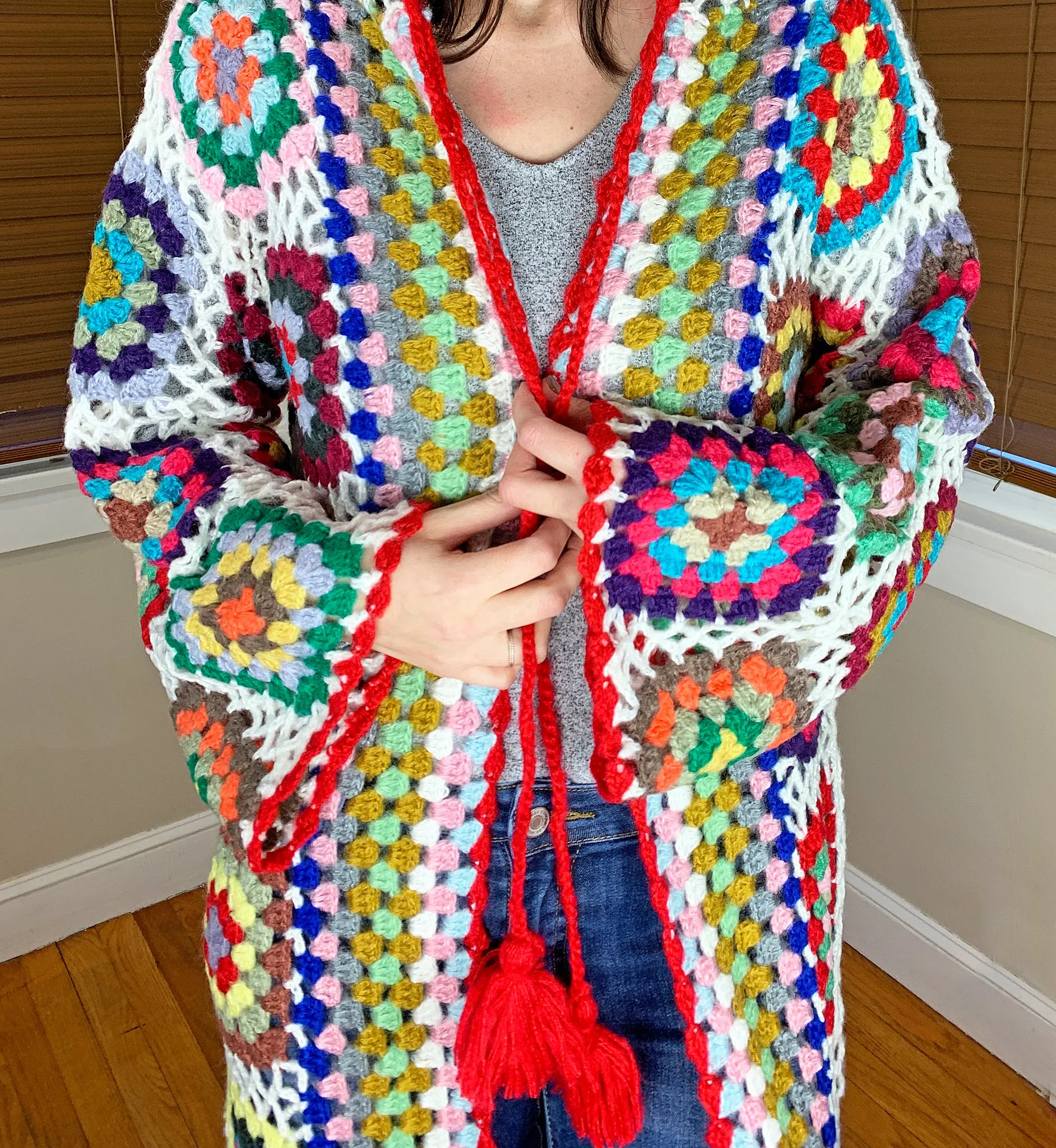 Saachi Granny Square Crocheted Long Hooded Kimono Sweater in White Multicolor