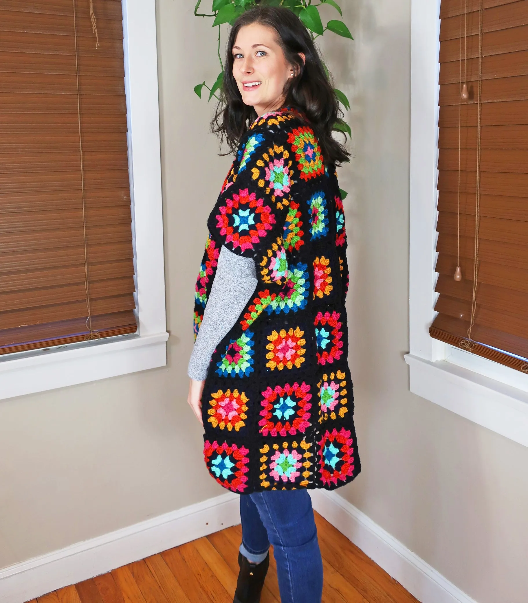 Saachi Noni Granny Square Crocheted Sweater in Black Multicolor